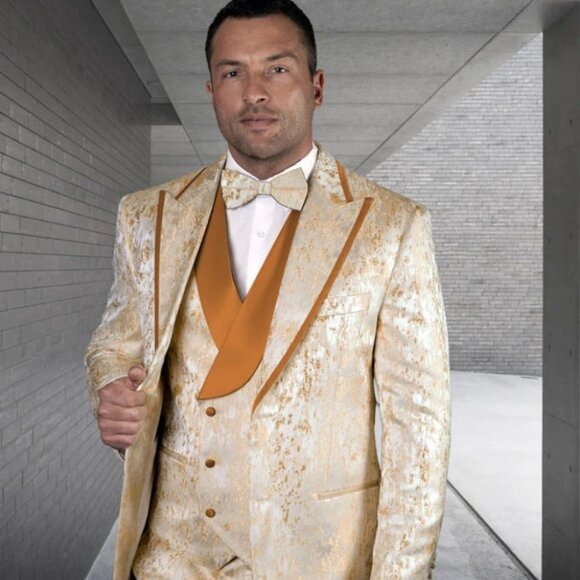Statement Men's Gold Jacquard Vested Tuxedo with Pleated Pants - Picture 1 of 2
